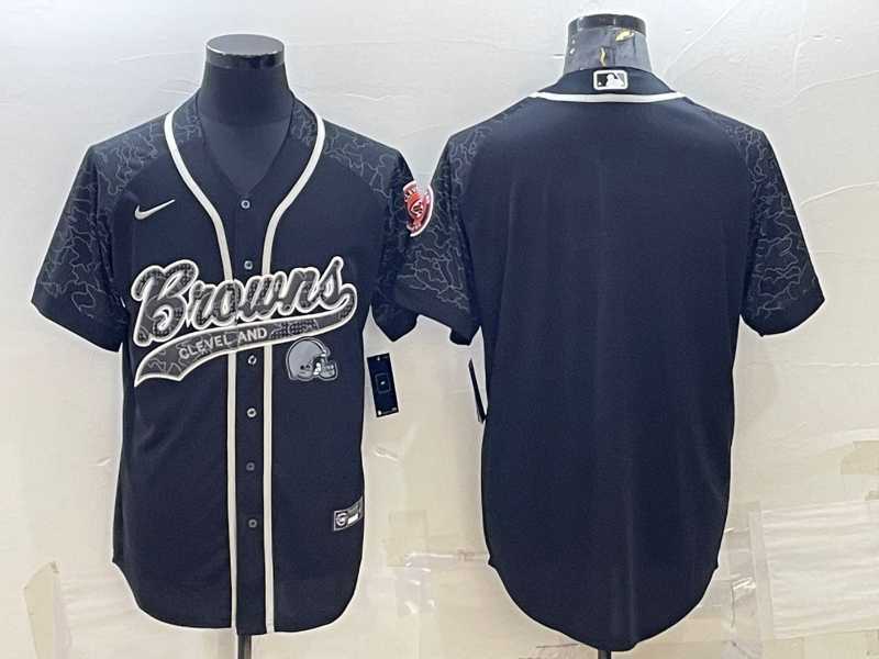 Men%27s Cleveland Browns Blank Black Reflective With Patch Cool Base Stitched Baseball Jersey